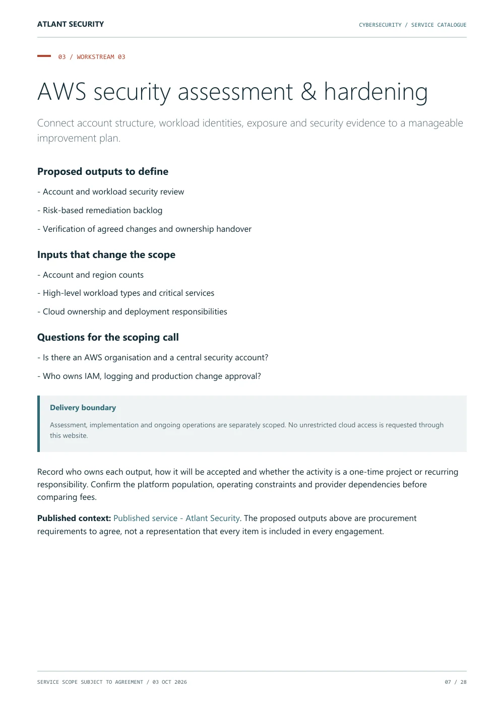 AWS security, page 7 of the Atlant Security service catalogue. Text summary follows.