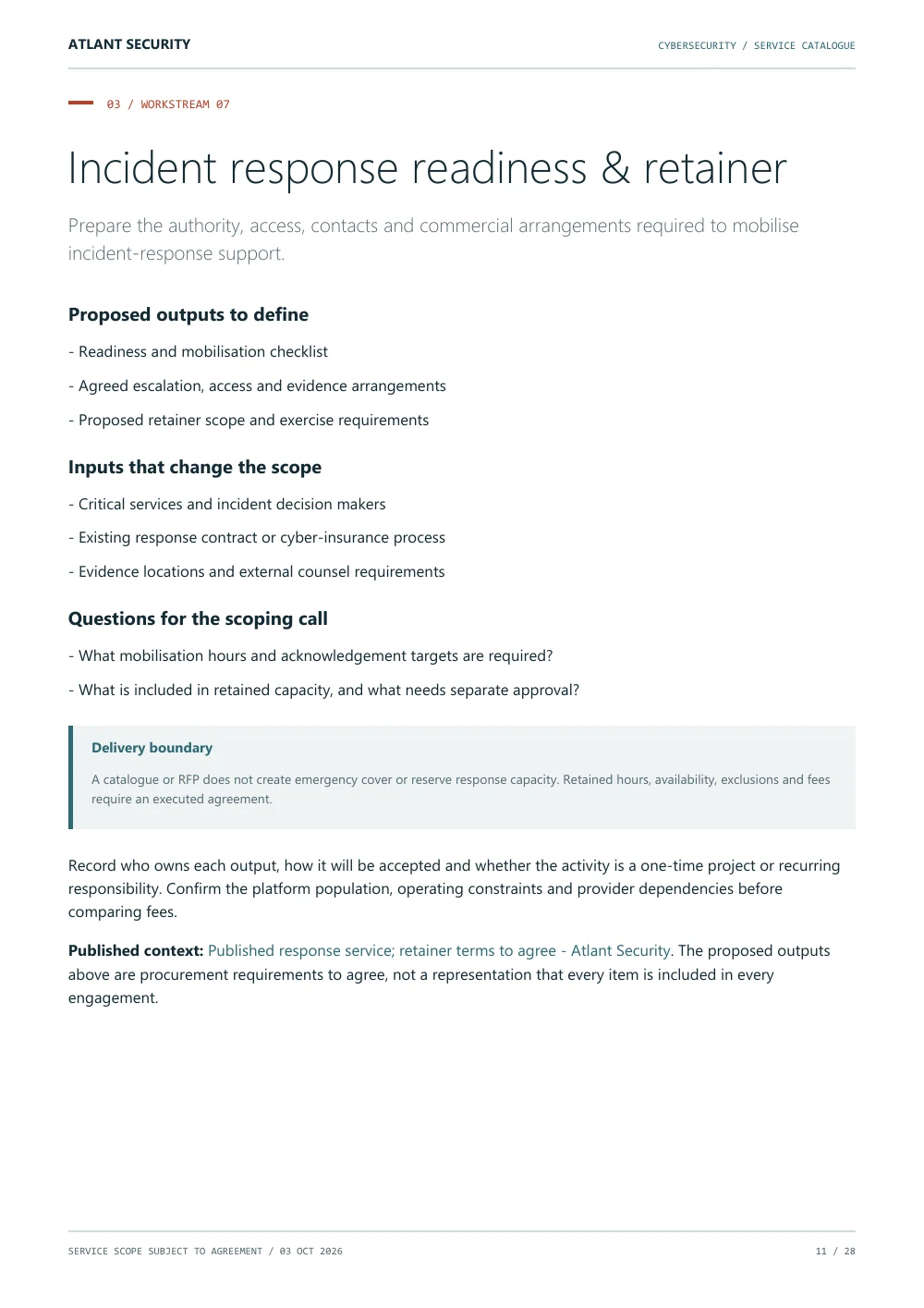 Incident readiness & retainers, page 11 of the Atlant Security service catalogue. Text summary follows.